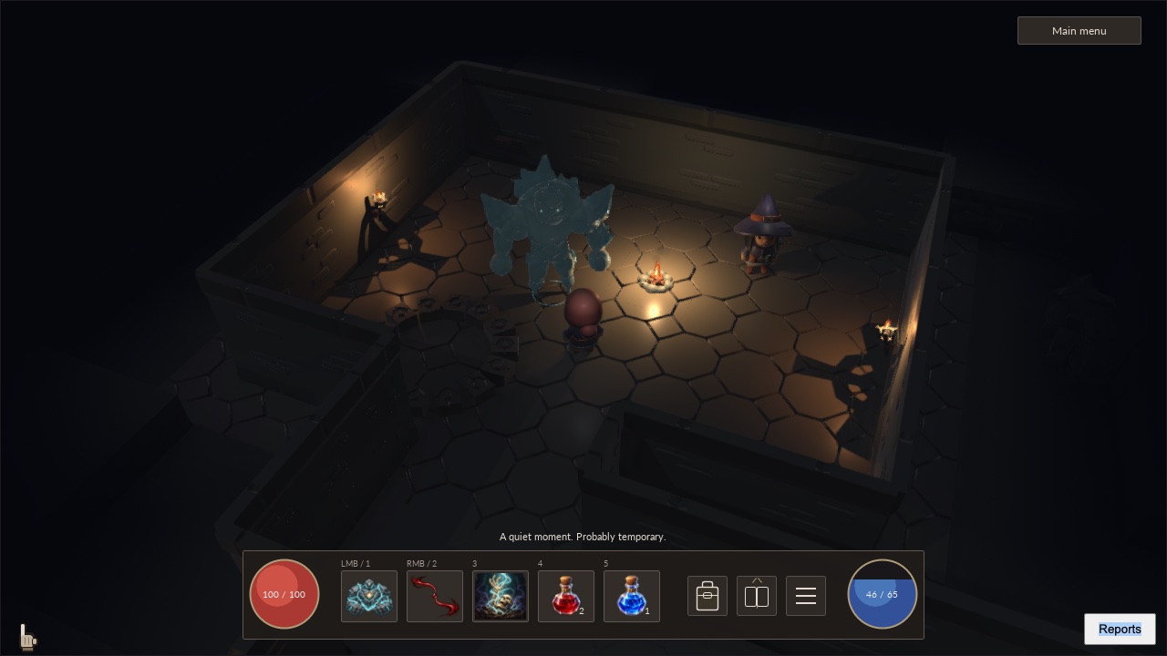 A witch stands beside a large translucent frost golem in a torchlit crypt room.