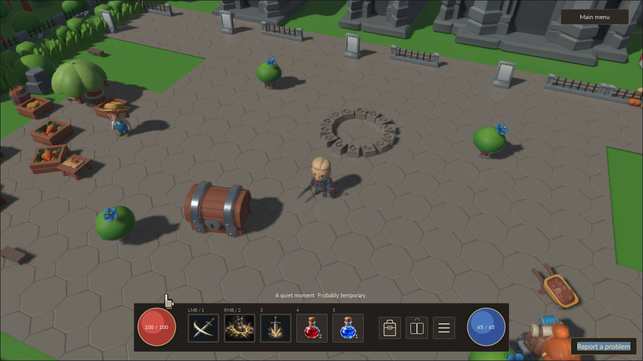 A tiny armoured adventurer stands before a stone waygate in a sunny market square.