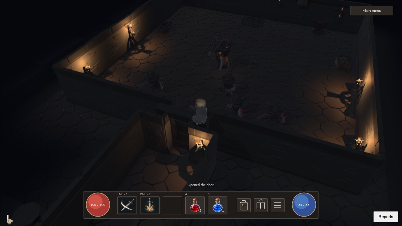 An adventurer enters a dark stone court lit by wall torches, with skeletons waiting beyond the doorway.